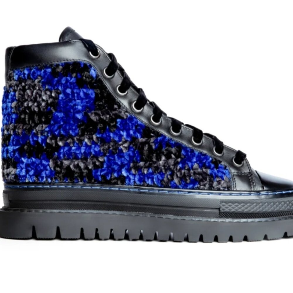 KROJAY BLUE SAPPHIRE CROCHET WOMEN'S  BOOT Blue, Black, Grey  NEW w/TAG & BOX
